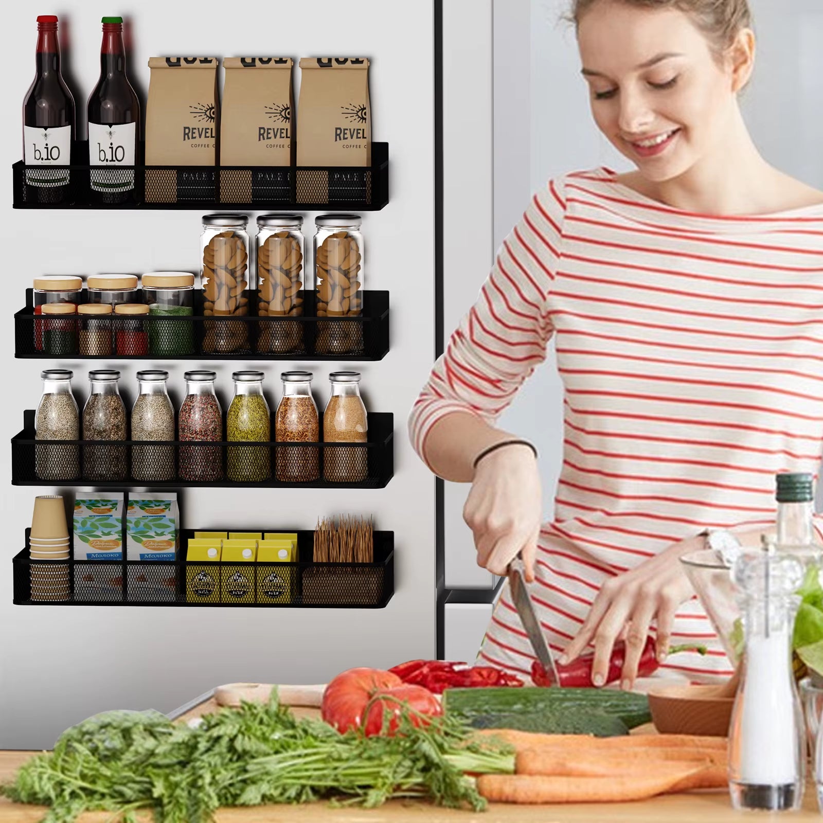 4 Packs of Magnetic Spice Rack for Refrigerator Super Strong Magnetic Refrigerator Shelf Metal Magnetic Fridge Organizer Rack Wi