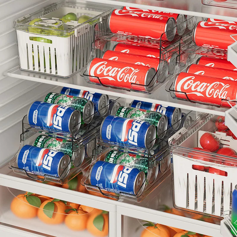 Refrigerator Can Beverage Rack Double Foldable Beer Cola Storage Holder Box Artifact Auto Rolling Dispenser Kitchen Organizer