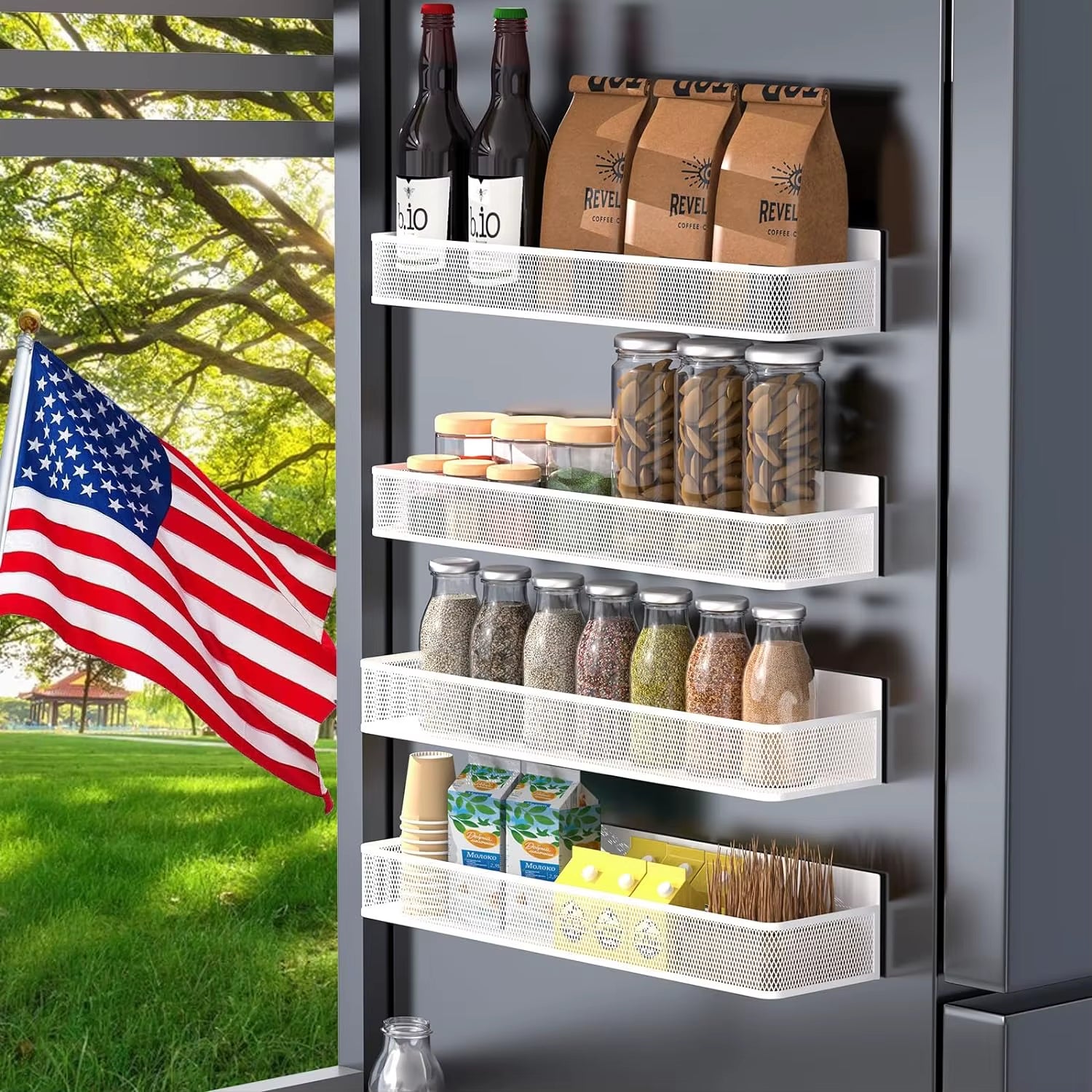 4 Packs of Magnetic Spice Rack for Refrigerator Super Strong Magnetic Refrigerator Shelf Metal Magnetic Fridge Organizer Rack Wi