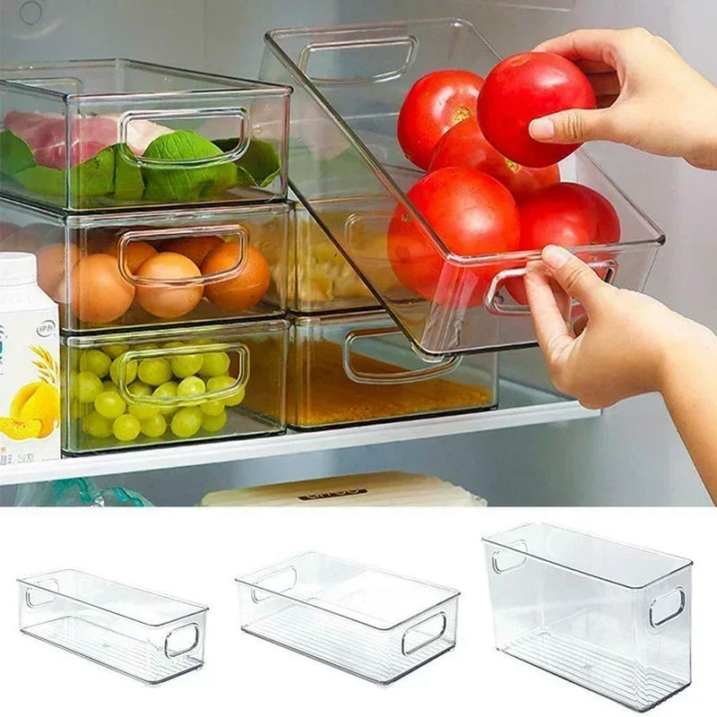 New Refrigerator Organizer Bin Stackable Fridge Food Storage Box with Handle Clear Plastic Pantry Food Freezer Organizer Tool
