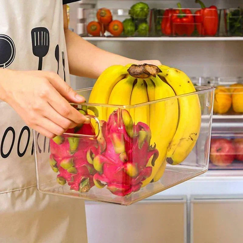 New Refrigerator Organizer Bin Stackable Fridge Food Storage Box with Handle Clear Plastic Pantry Food Freezer Organizer Tool