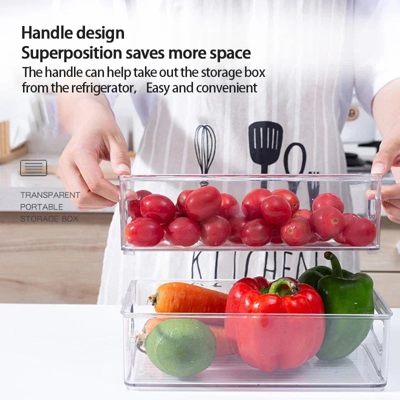 New Refrigerator Organizer Bin Stackable Fridge Food Storage Box with Handle Clear Plastic Pantry Food Freezer Organizer Tool