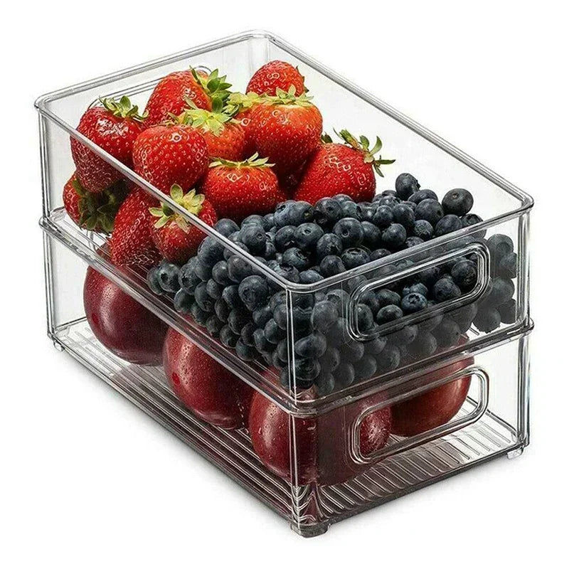 New Refrigerator Organizer Bin Stackable Fridge Food Storage Box with Handle Clear Plastic Pantry Food Freezer Organizer Tool