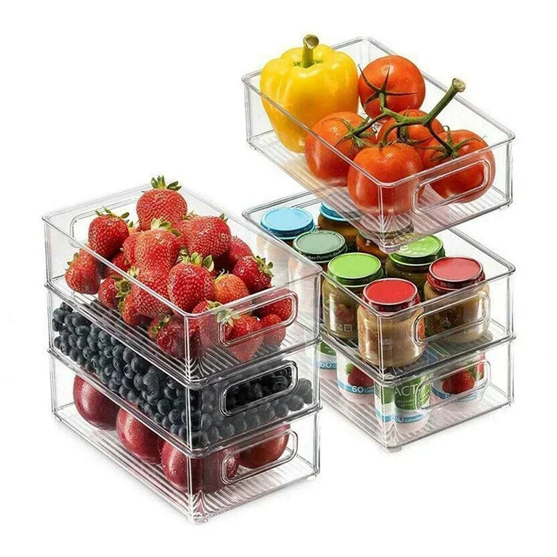 New Refrigerator Organizer Bin Stackable Fridge Food Storage Box with Handle Clear Plastic Pantry Food Freezer Organizer Tool